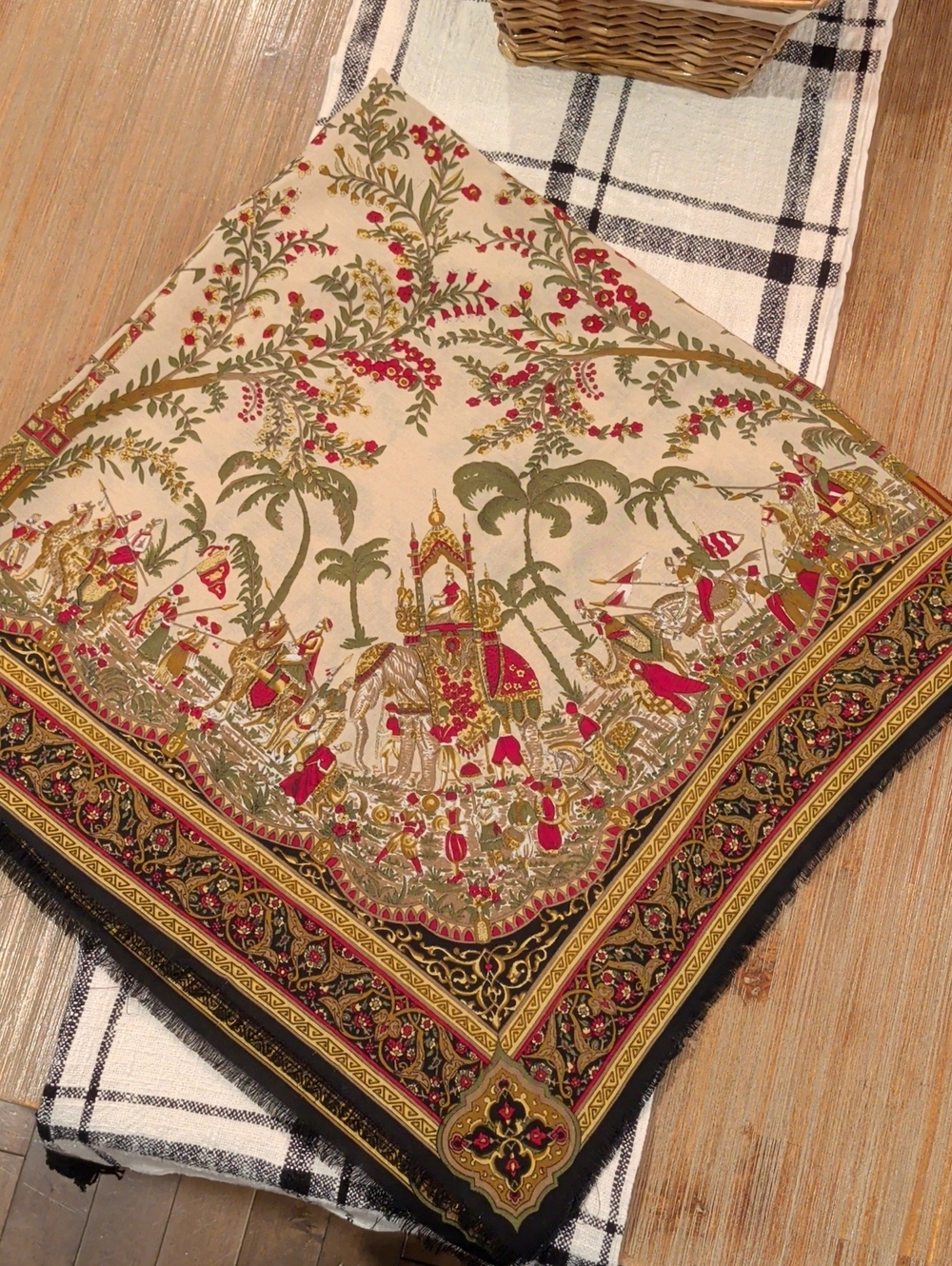 Ornate Cream and Red Printed Scarf with Olive Accents